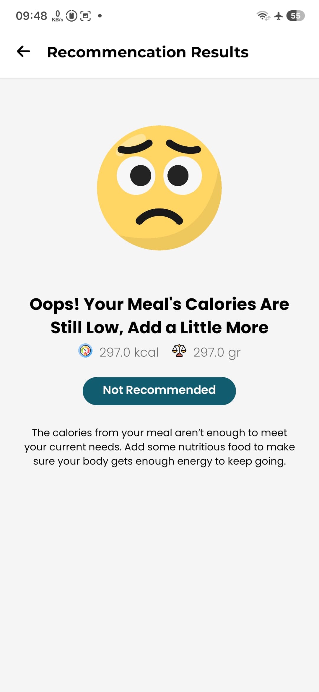 FitFood meal recommendation screen showing a calorie warning