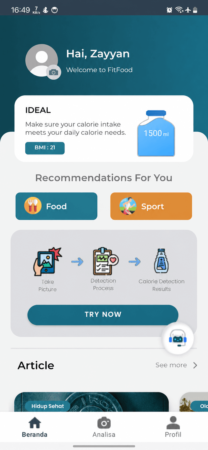 FitFood home screen with BMI details and an option to analyze food