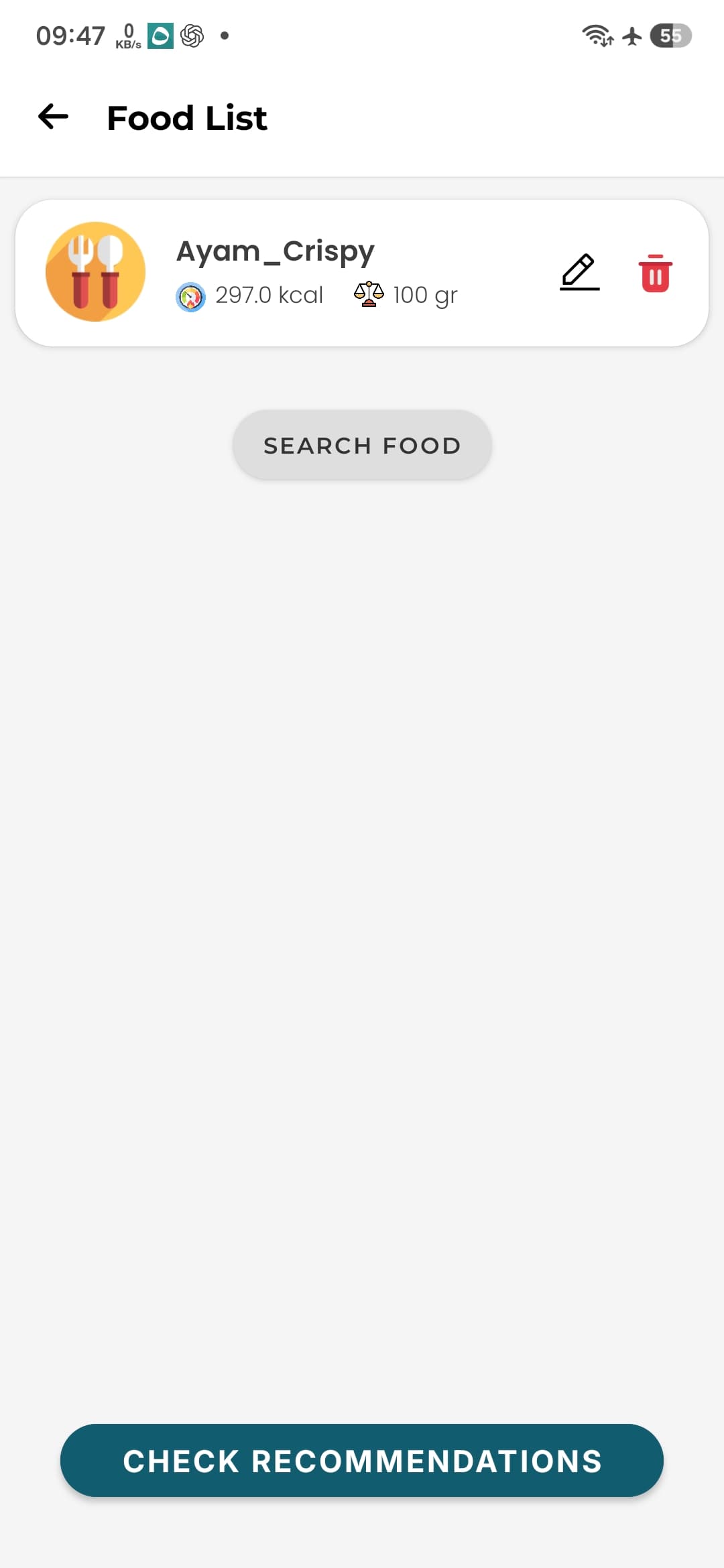 FitFood food list showing an image classification result