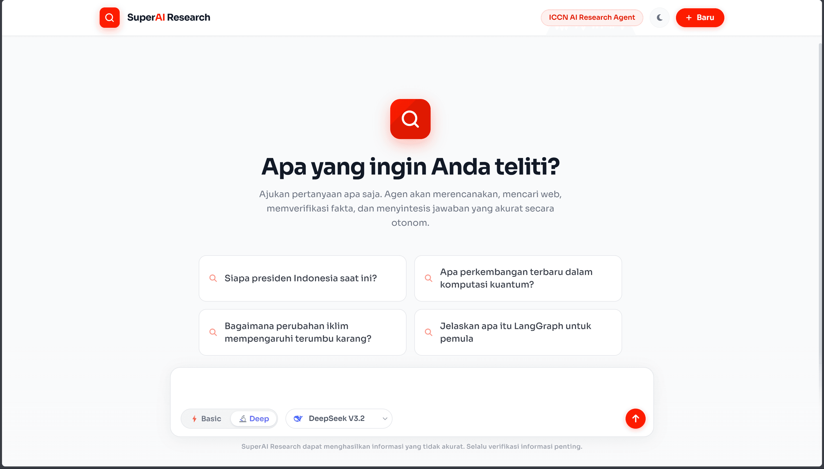 ICCN Research Agent landing page with basic and deep research modes