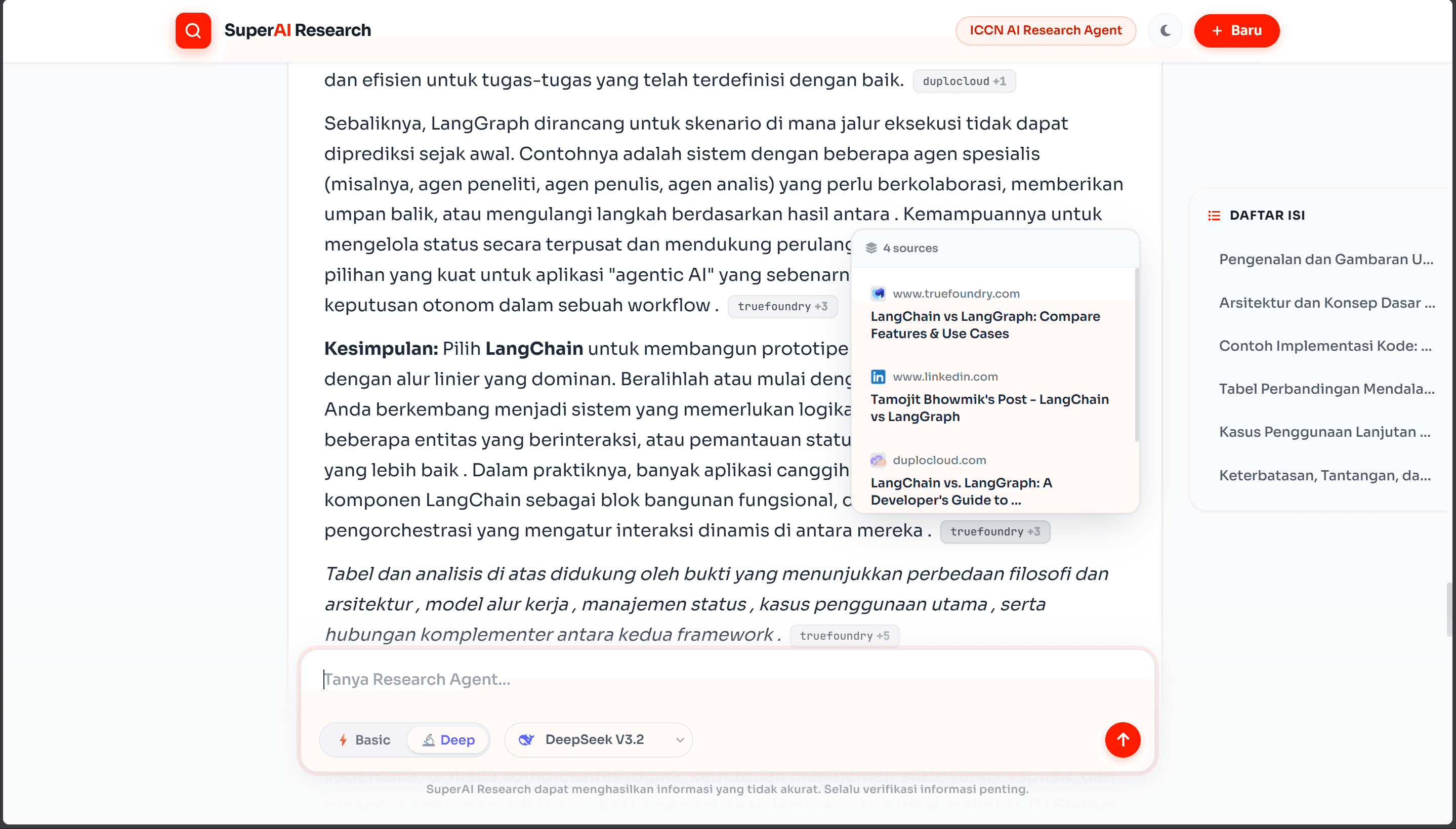 ICCN Research Agent displaying a source-cited analytical report