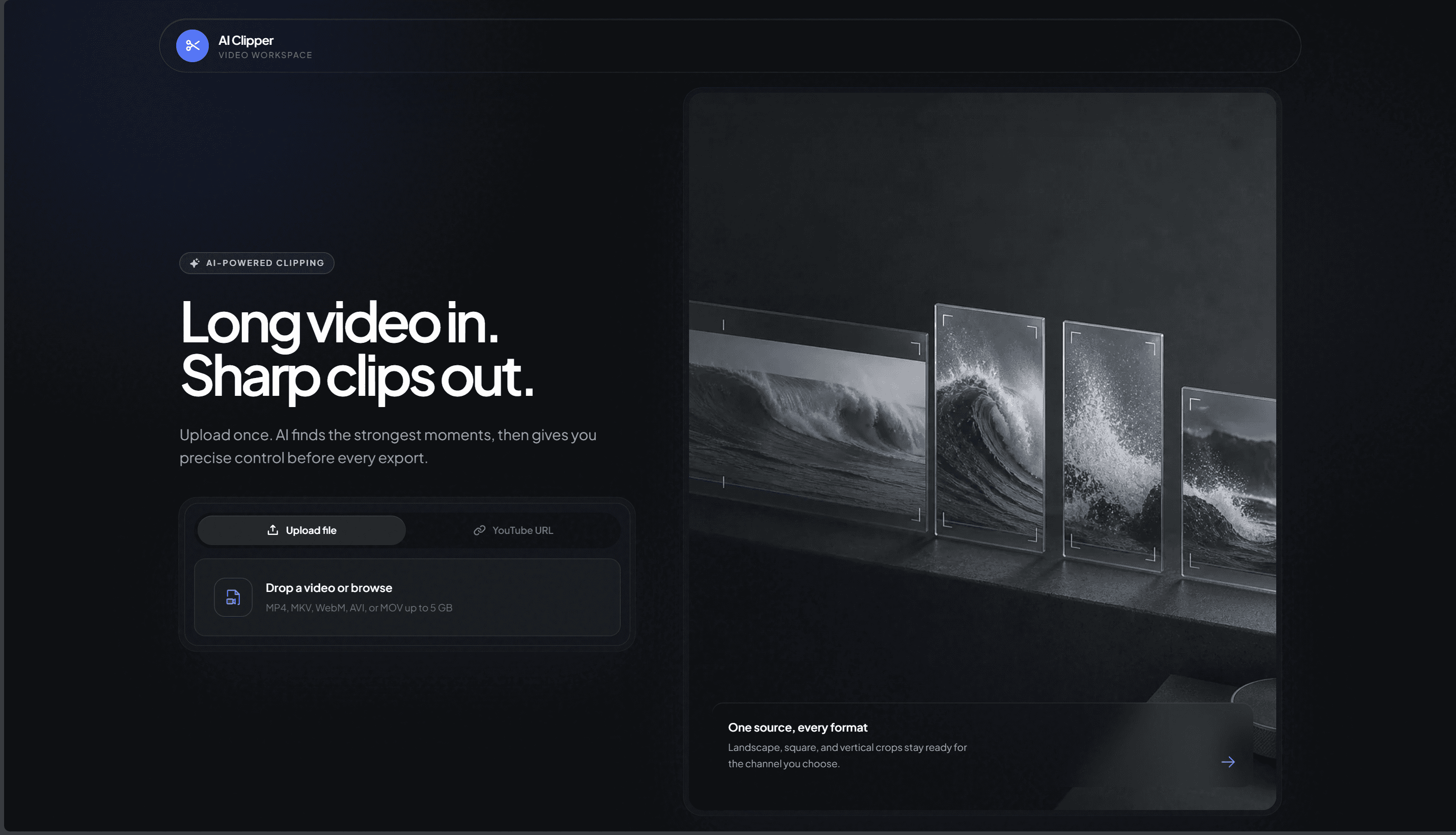 AI Clipper landing page with file upload and YouTube URL input