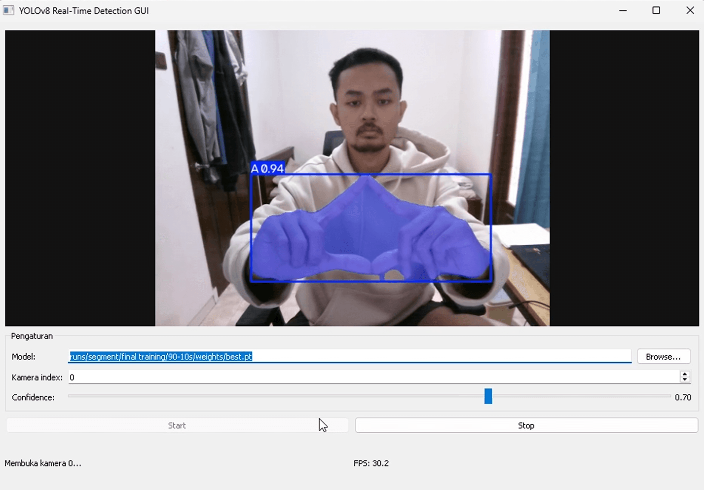 BISINDO segmentation demo detecting the letter A from a live camera feed