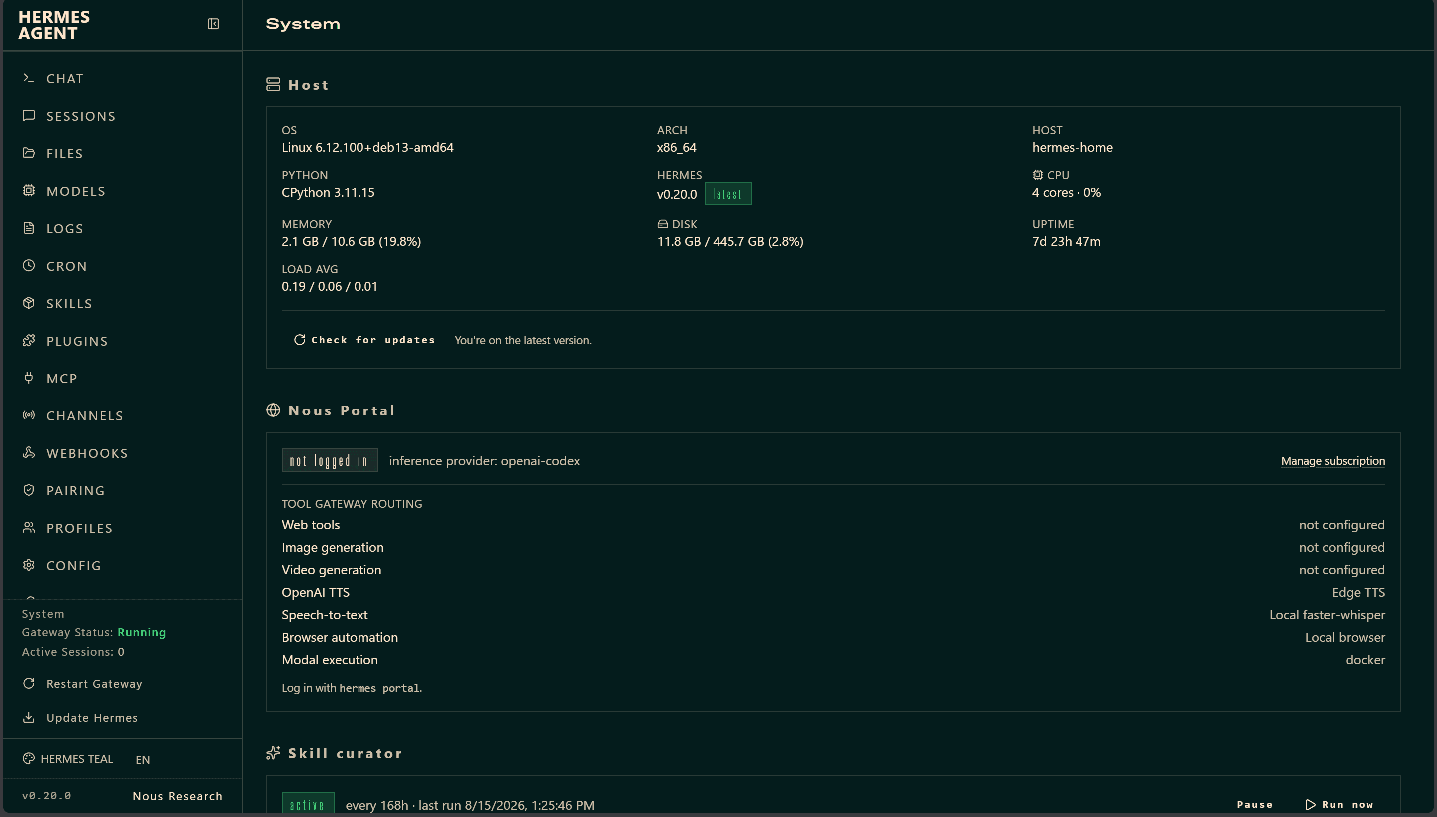 Hermes Agent dashboard showing the Debian host and connected service configuration