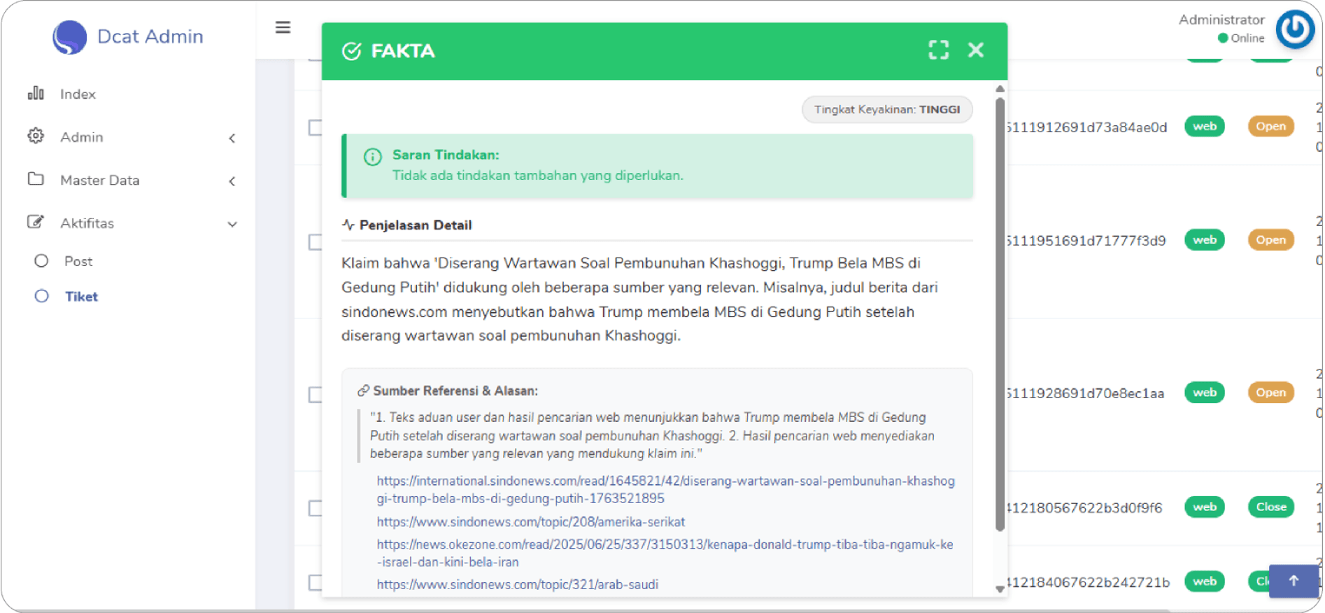 Klinik Hoaks CMS showing a high confidence Fakta result with an explanation and source references