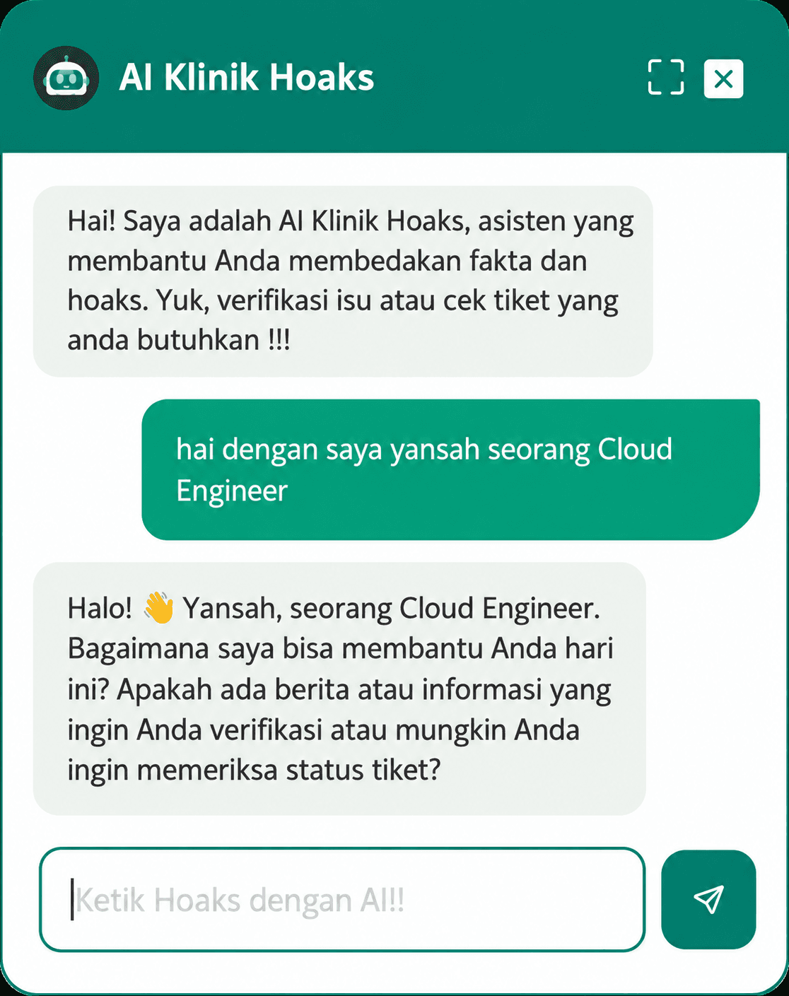 Klinik Hoaks Chatbot introducing its article verification and ticket tracking services