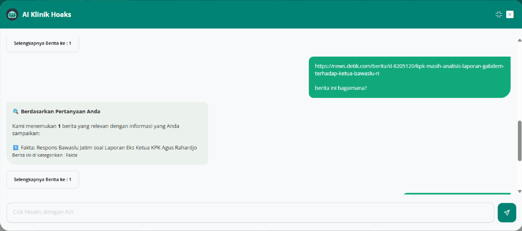 Klinik Hoaks Chatbot returning one published clarification for an article URL